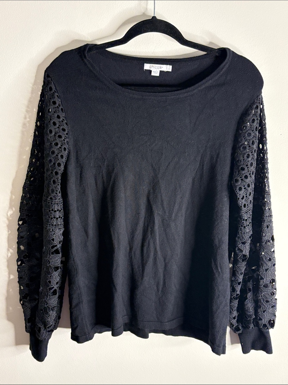 Chico's Black Cotton Sweatshirt with Crochet Lace Sleeves
